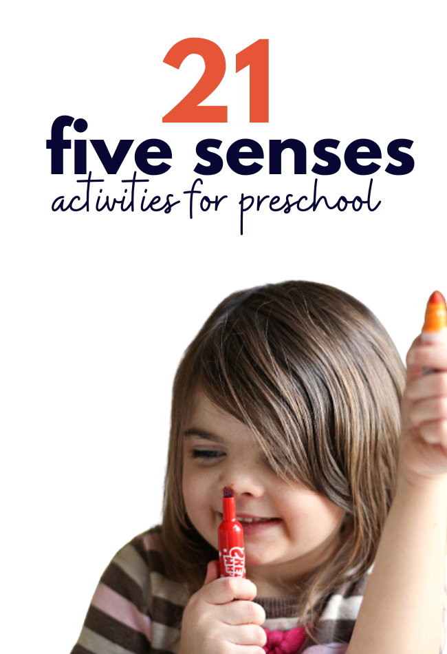 picture of a preschooler smelling a marker with 5 senses activities for kids 