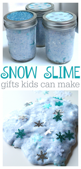 Snow slime all packaged up in a mason jar for holiday giving